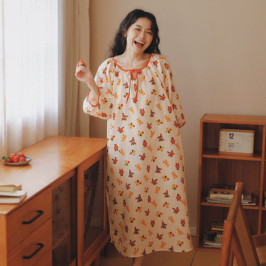 Cute bear pattern Nightgown: Pure cotton Morning Gown - Cottagecore Clothing with Vintage Vibes - Soft Nightie