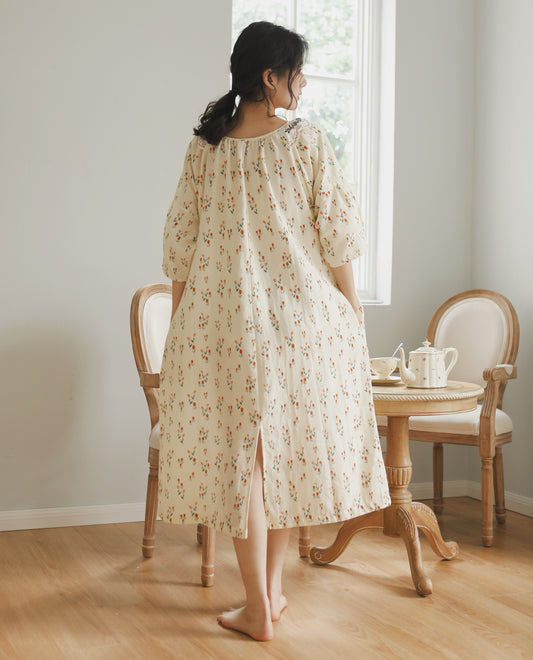 Flora Embroidery Cottagecore Dress: Cozy Loose-Fit Nightie with Cotton Comfort