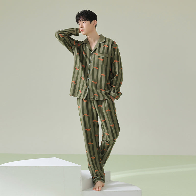 Men Green Striped PJ Set, Adorable dachshund patterned sleepwear, 100% cotton mens pyjamas, Men soft loungewear