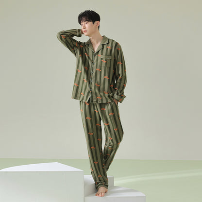 Men Green Striped PJ Set, Adorable dachshund patterned sleepwear, 100% cotton mens pyjamas, Men soft loungewear