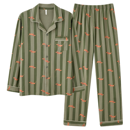 Men Green Striped PJ Set, Adorable dachshund patterned sleepwear, 100% cotton mens pyjamas, Men soft loungewear