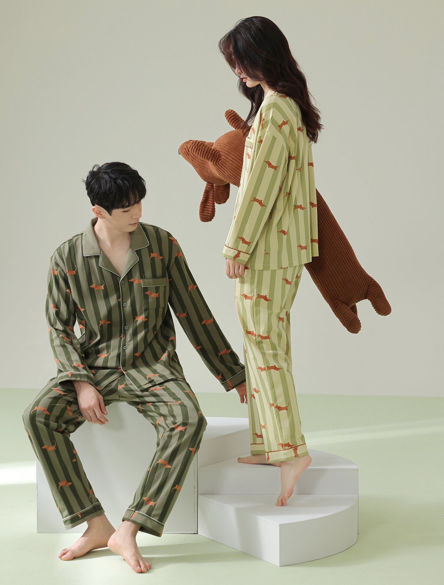 Sausage dog print matching pajamas, Green striped pajama set, 100% cotton Matching PJS, Cartoon Couple Pajamas