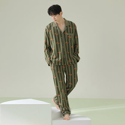 Men Green Striped PJ Set, Adorable dachshund patterned sleepwear, 100% cotton mens pyjamas, Men soft loungewear