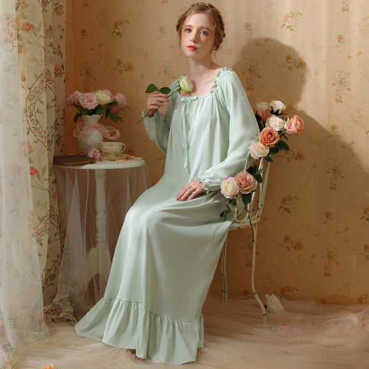 Sage Green Maxi Dress - Ruffle Deco Cotton Nightgown, Perfect for Honeymoon and Vintage Style, Ideal Bridal Gift