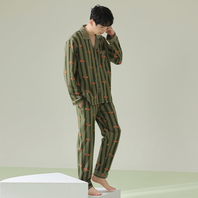 Men Green Striped PJ Set, Adorable dachshund patterned sleepwear, 100% cotton mens pyjamas, Men soft loungewear