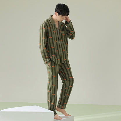 Men Green Striped PJ Set, Adorable dachshund patterned sleepwear, 100% cotton mens pyjamas, Men soft loungewear