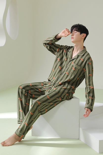 Men Green Striped PJ Set, Adorable dachshund patterned sleepwear, 100% cotton mens pyjamas, Men soft loungewear