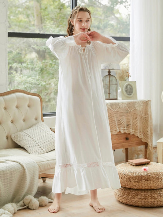 White Lace Deco Dress - Cotton Nightgown for Effortless Elegance and Cozy Loungewear, a Perfect Valentine's Day Gift