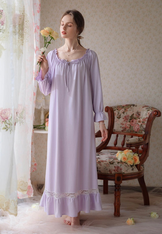 Purple Lace Deco dress, Cotton Nightgown, Purple sleepwear, Elegant nightie, Valentine's Day gift