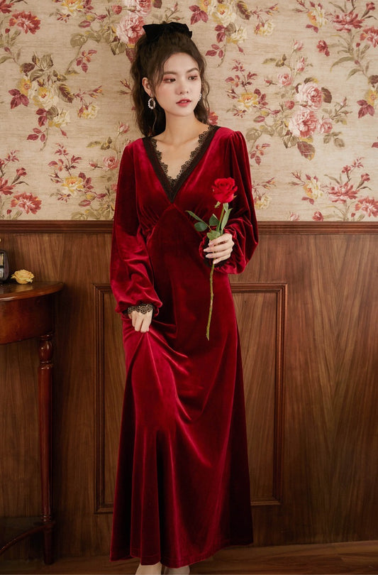 Red Victorian velvet nightgown, V-neck lace deco dress, Velvety smooth and elegant lounge for cool and cold season