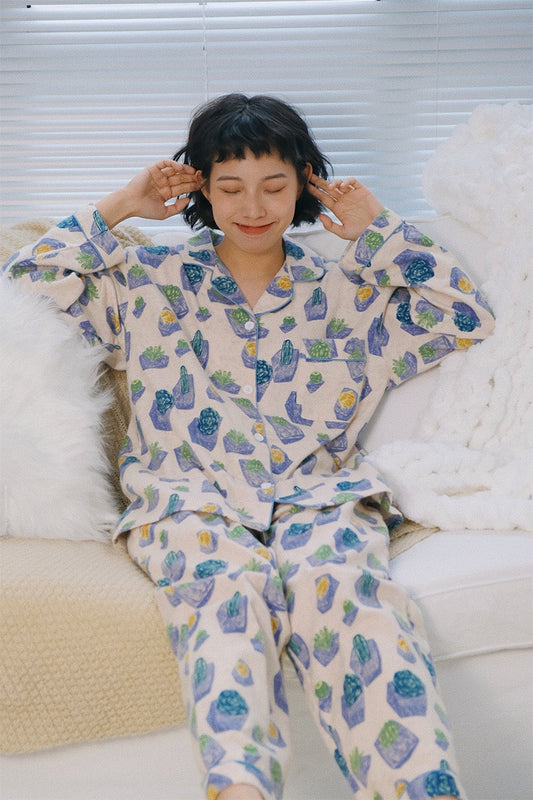 Plant Print Pyjamas, Blue Pajamas, 100% Cotton pyjamas set, Holiday pajamas