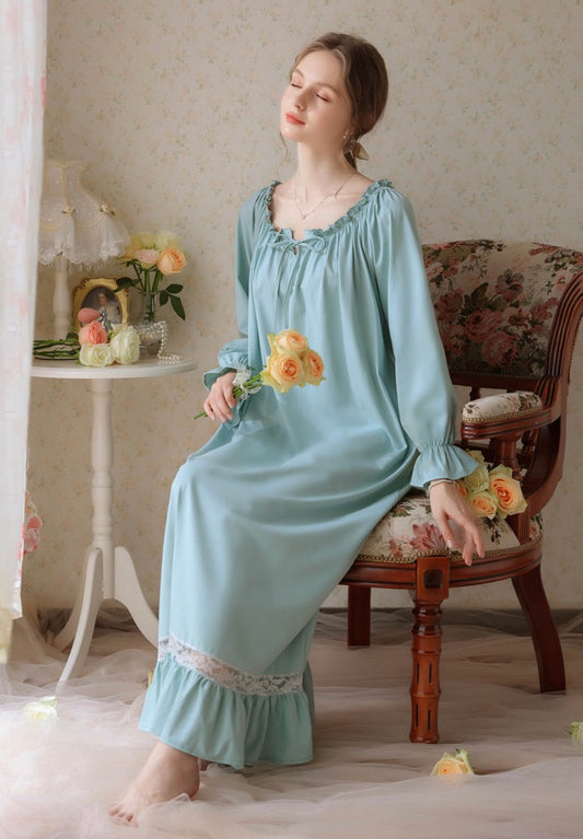 Light Turquoise Lace Deco nighgown, Cozy elegant cotton Nightie, Maxi Vintage Long Nightgown