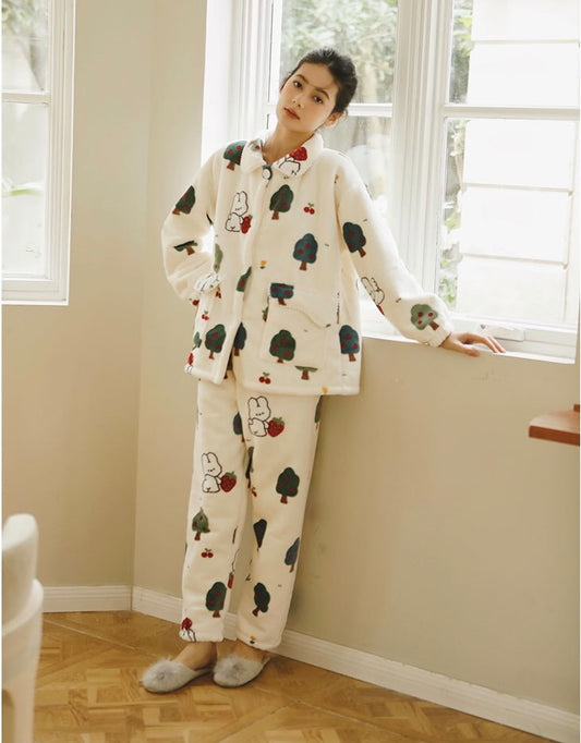 Christmas Bunny Pyjamas - Cozy Winter Loungewear with Festive Charm, Christmas Tree Print. A Unique Holiday Gift