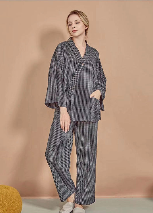 Navy Blue Plaid Kimono Robe - Japanese-inspired Pajama Set, Ideal for Nursing Loungewear