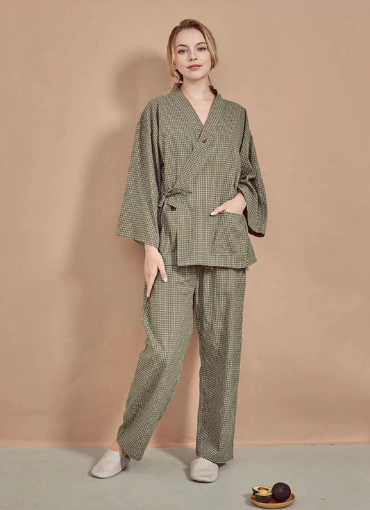 Green Avocado Kimono Robe and Pajama Set - Japanese-inspired Loungewear for Nursing