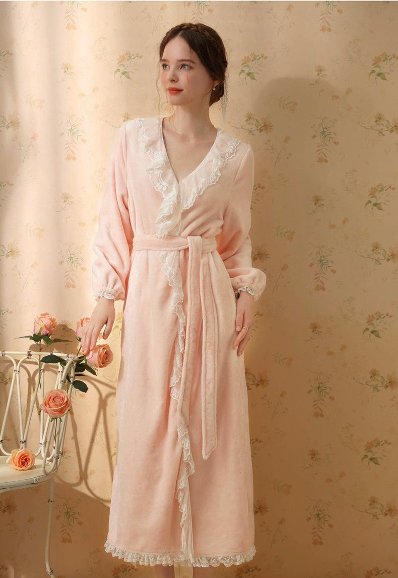 Lace Deco Trim Velvet Long Sleeve Bathrobe: Soft and Elegant Pink Loungewear