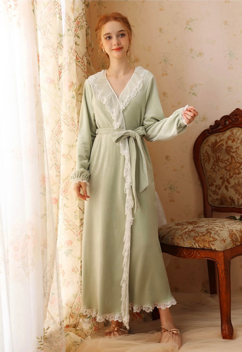 Lace Deco Trim Velvet Long Sleeve Bathrobe: Soft and Elegant Pink Loungewear