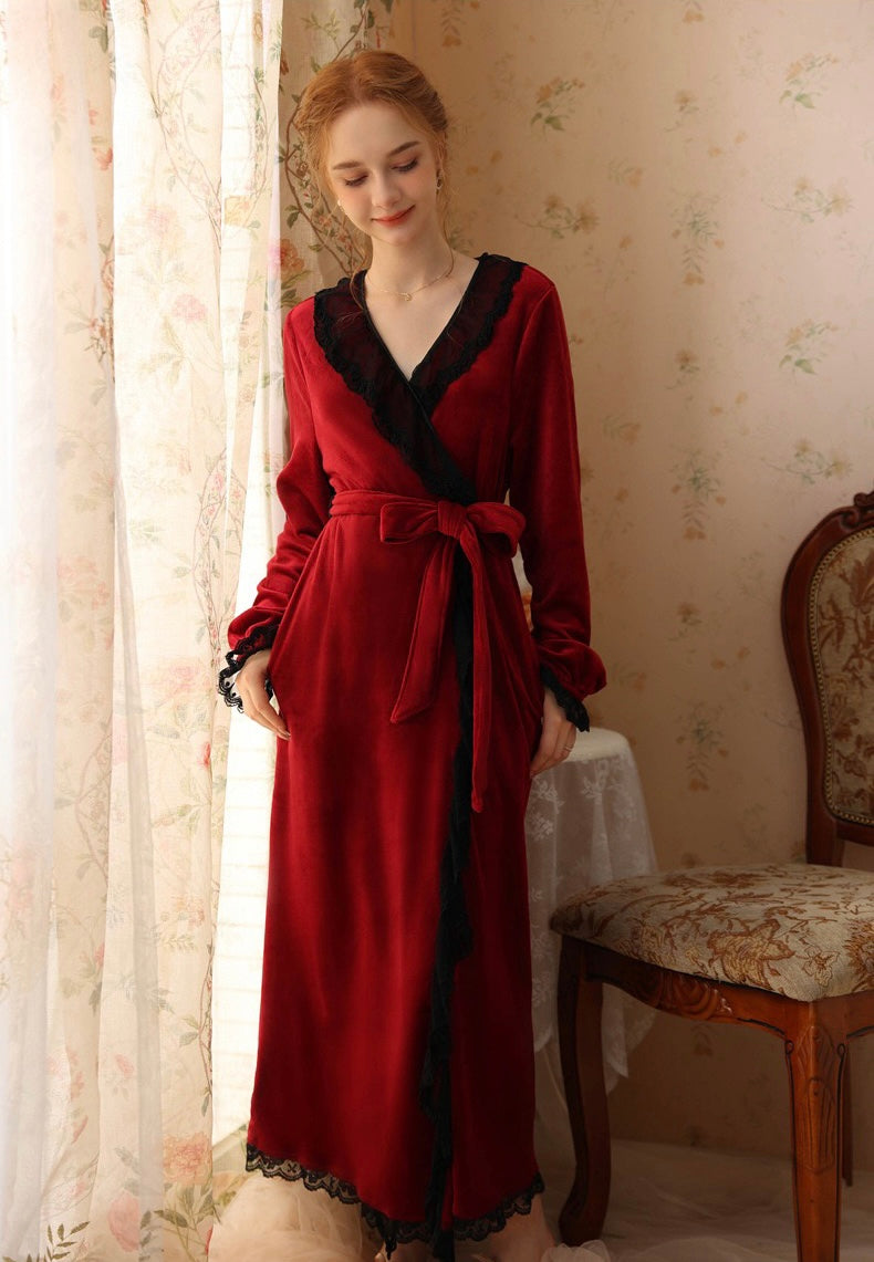 Luxurious Lace Deco Trim Red Wine Velvet Long Bathrobe: Soft, Elegant, and Warm Robe for Ultimate Comfort