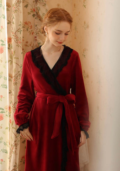 Luxurious Lace Deco Trim Red Wine Velvet Long Bathrobe: Soft, Elegant, and Warm Robe for Ultimate Comfort