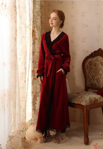 Luxurious Lace Deco Trim Red Wine Velvet Long Bathrobe: Soft, Elegant, and Warm Robe for Ultimate Comfort