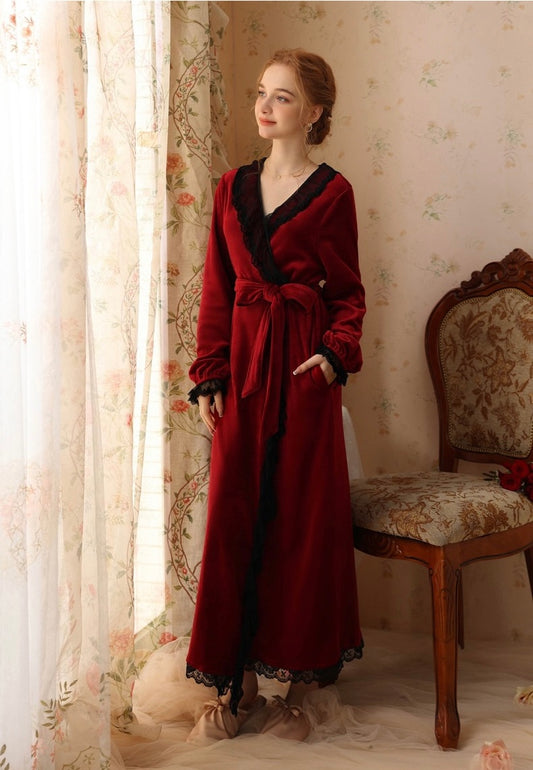 Luxurious Lace Deco Trim Red Wine Velvet Long Bathrobe: Soft, Elegant, and Warm Robe for Ultimate Comfort