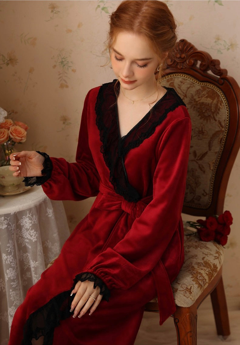 Luxurious Lace Deco Trim Red Wine Velvet Long Bathrobe: Soft, Elegant, and Warm Robe for Ultimate Comfort