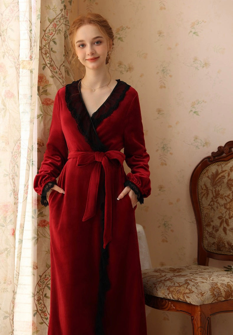 Luxurious Lace Deco Trim Red Wine Velvet Long Bathrobe: Soft, Elegant, and Warm Robe for Ultimate Comfort