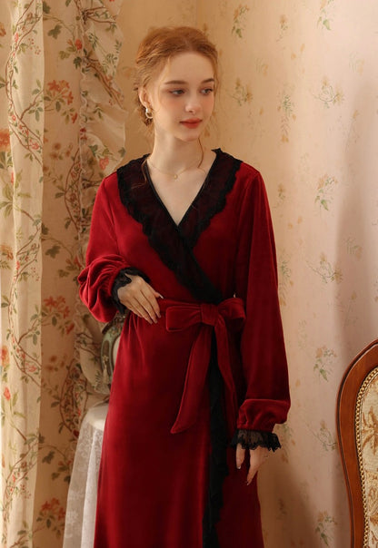 Luxurious Lace Deco Trim Red Wine Velvet Long Bathrobe: Soft, Elegant, and Warm Robe for Ultimate Comfort