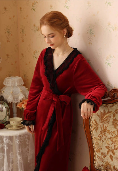 Luxurious Lace Deco Trim Red Wine Velvet Long Bathrobe: Soft, Elegant, and Warm Robe for Ultimate Comfort