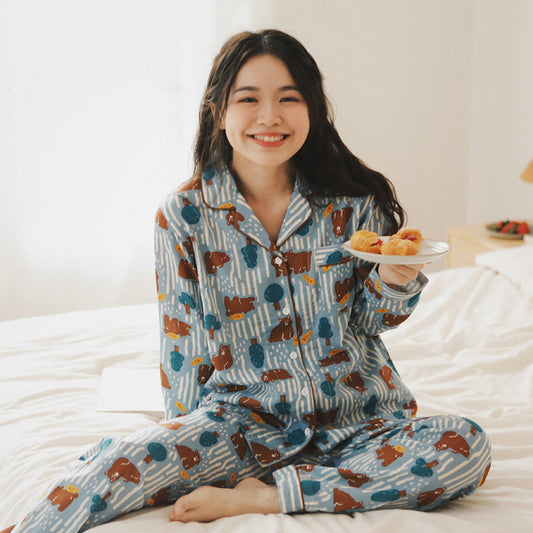 Women's Brown Bear Print Pajamas - Long Sleeve and Pants Set, Cotton comfortable Sleepwear