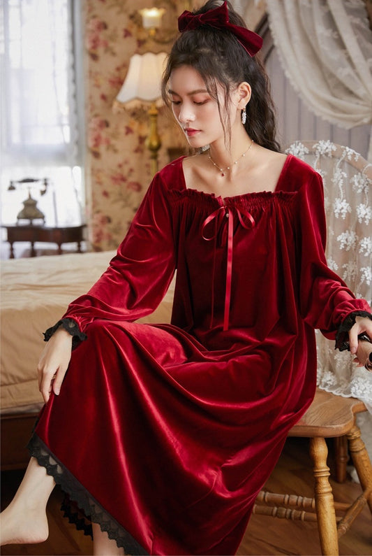 Experience Opulence in the Red Wine Square Neck Velvet Nightie – Vintage Victorian Lace Deco Morning Gown