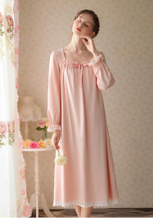 Elegant pink night gown, Lace Deco dress, Cozy cotton Nightie, Vintage Long nightie