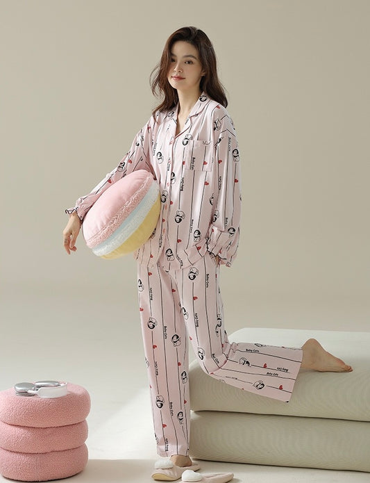 Women Cotton Loungewear, Pink Pajamas, Cute Cat Print Sleepwear, Back to School Gift