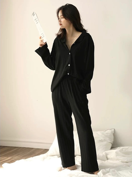 Classic Black Sleepwear, 100% Cotton Women's Lounge Set, Loungewear For Travel