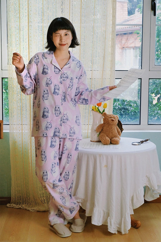 Happy bunny pajamas, Cute Rabbit print PJS, Animal lovers loungewear, Cotton made sleepwear