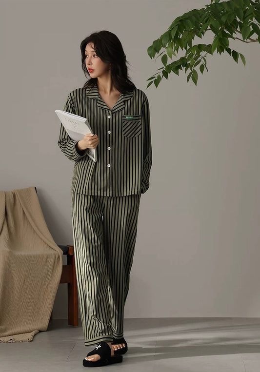 Green Striped Sleep Set, 100% Cotton Soft Women's PJS, Pure Cotton Lounge Set