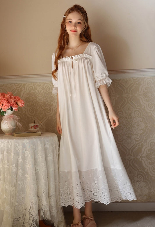 Elegant White Nightgown – A Lace Deco Vintage Square-Neck Dress, Cozy Comfort Bridal Nightgown