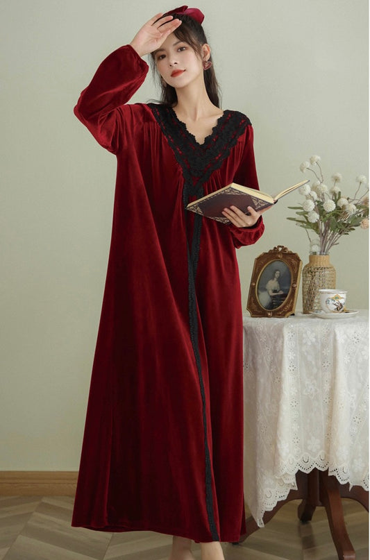 Velvet Elegance: Red Victorian Nightgown with Lace Details, Ideal for Weddings and Cozy Mornings