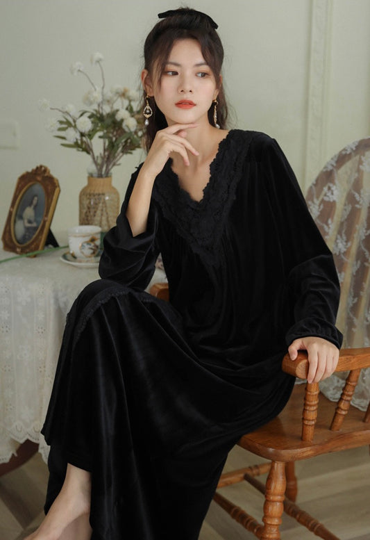 Elegance in Ebony: V-neck Velvet Nightie with Vintage Victorian Vibes and Lace Deco Morning Gown Touch