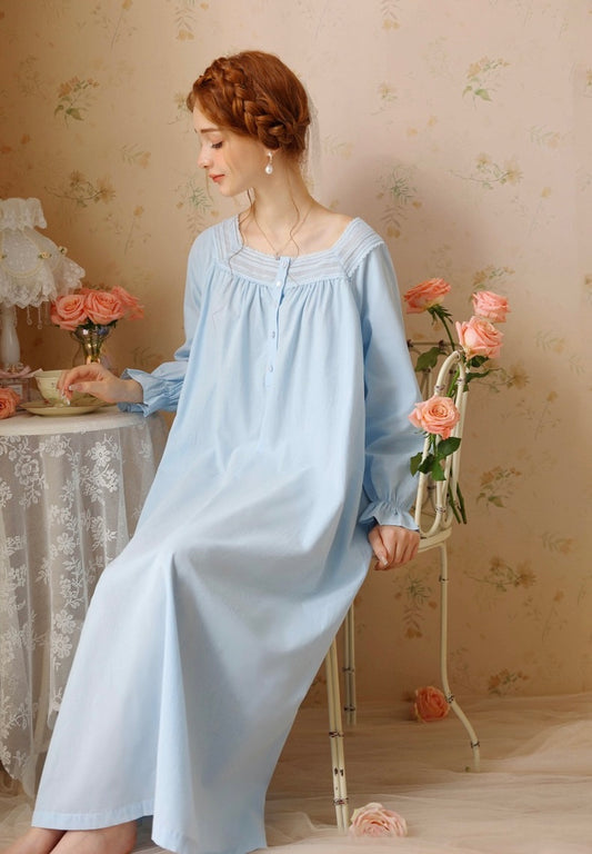 Chic Blue Nightgown with a square neckline, with lace decoration, Vintage Comfortable cotton Nightie