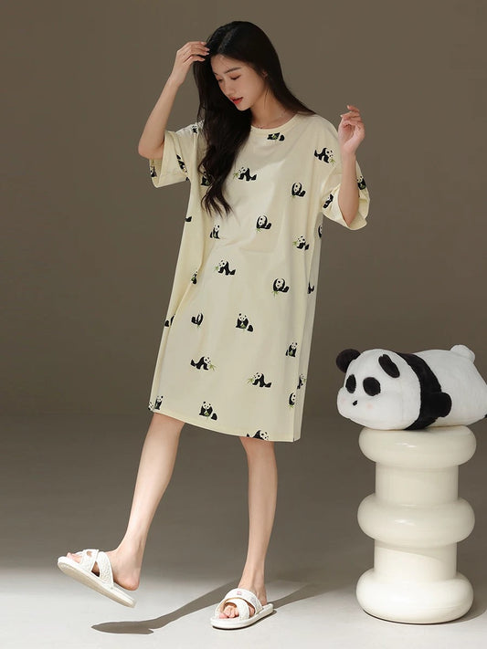 Cute Panda Print Nightgown, Pure Cotton Dress, Beige Cozy Sleepwear, Casual Lounge Dress, Gift For Her