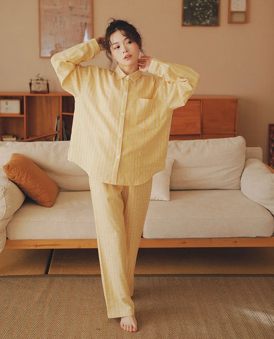 Yellow Striped loungewear, Cotton pyjama set, Cozy sleepwear, Loungewear for trip and staycation