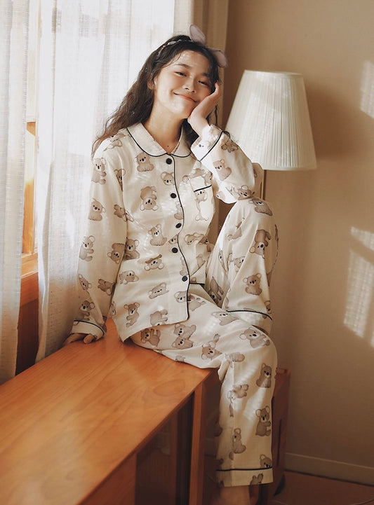 Teddy Bear Print PJS, Pure Cotton Pyjama Set, Handmade Clothing Women, Button-up shirt and pants