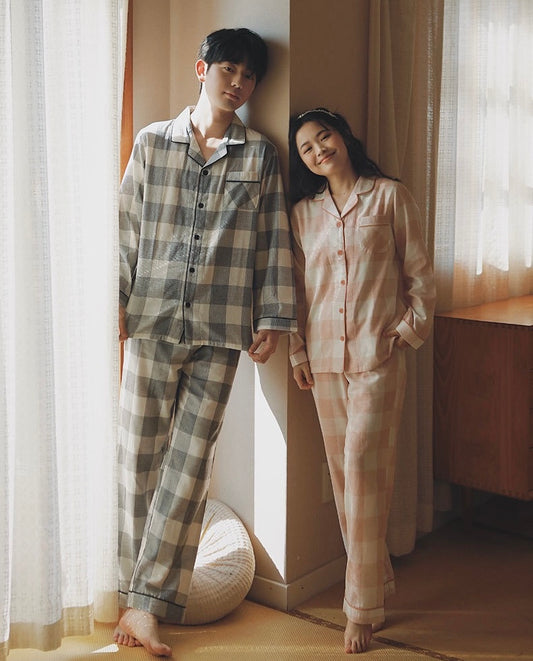 Plaid pattern matching pajamas, Couple Pajymas, Classic minimalist clothing, 100% cotton PJS