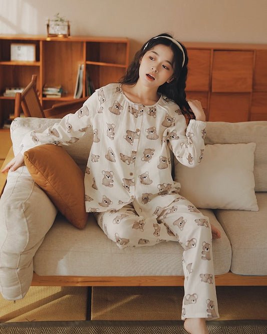 Women Teddy Bear Print PJS, Pure Cotton Pyjama Set, Handmade Clothing, Button-up shirt and pants