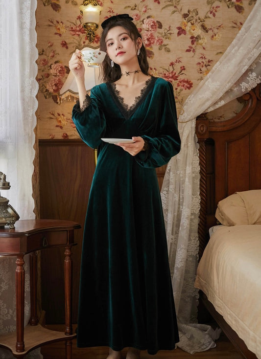 Dark Green Victorian velvet nightgown, V-neck lace deco dress, Velvety smooth and elegant lounge