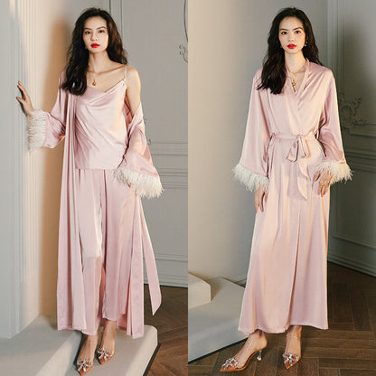 Satin Night Robe with Feather Trim and Belt: Luxurious Sleepwear Without Lingerie Set