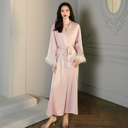 Satin Night Robe with Feather Trim and Belt: Luxurious Sleepwear Without Lingerie Set