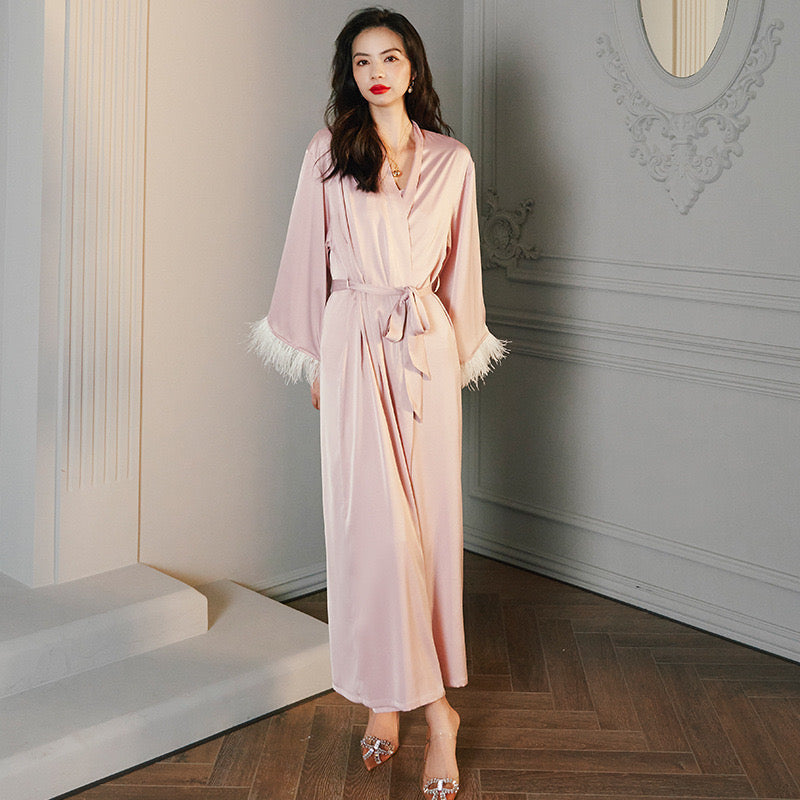 Satin Night Robe with Feather Trim and Belt: Luxurious Sleepwear Without Lingerie Set