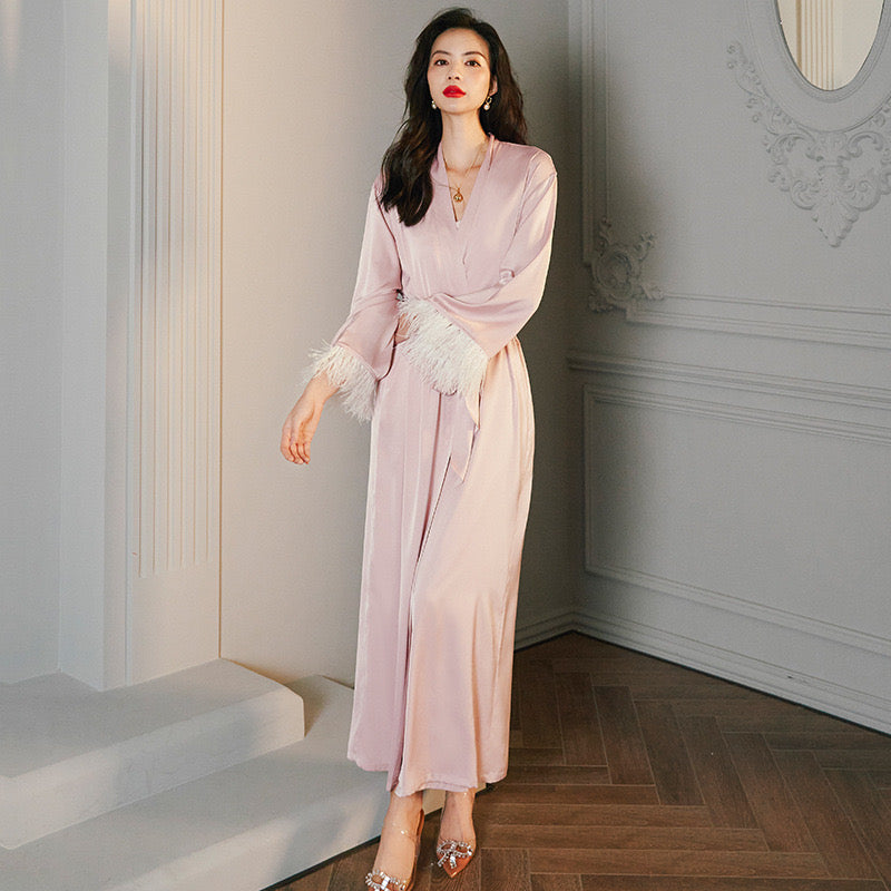 Satin Night Robe with Feather Trim and Belt: Luxurious Sleepwear Without Lingerie Set